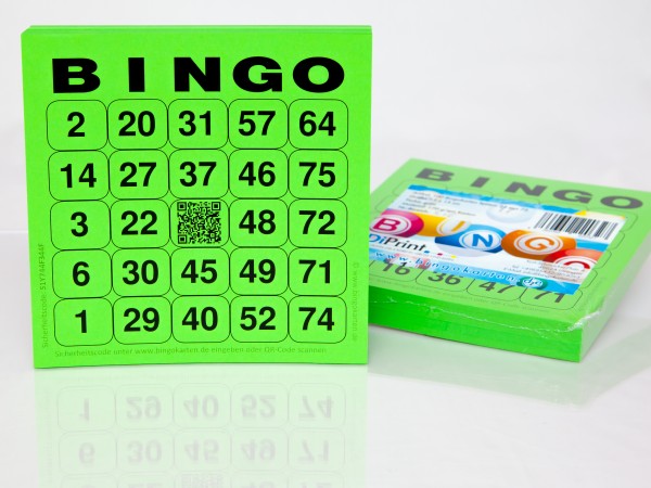 Bingokarten für Senioren 24 Zahlen aus 75 in grün