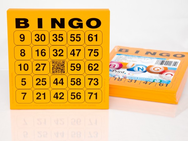 Bingokarten für Senioren 24 Zahlen aus 75 in orange